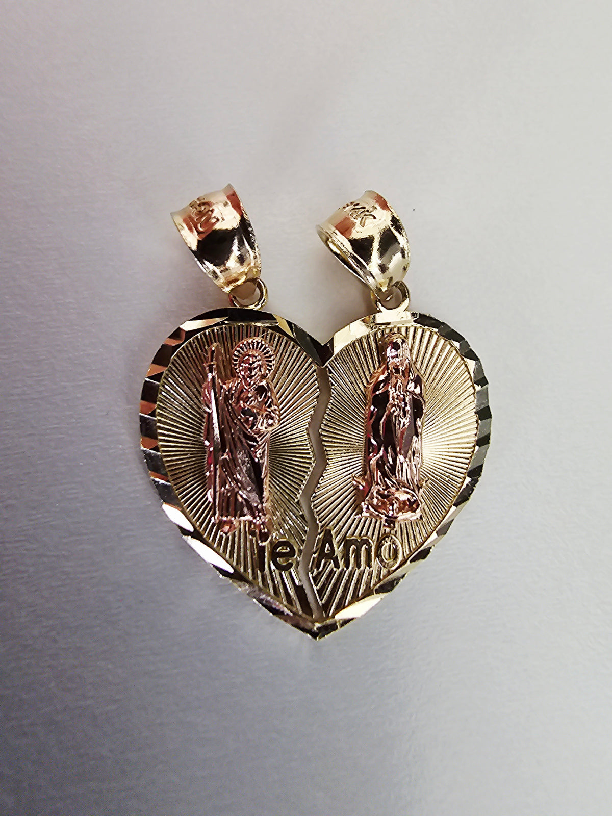 14k Solid Gold Virgin Mary and San Judas Tadeo Pendant