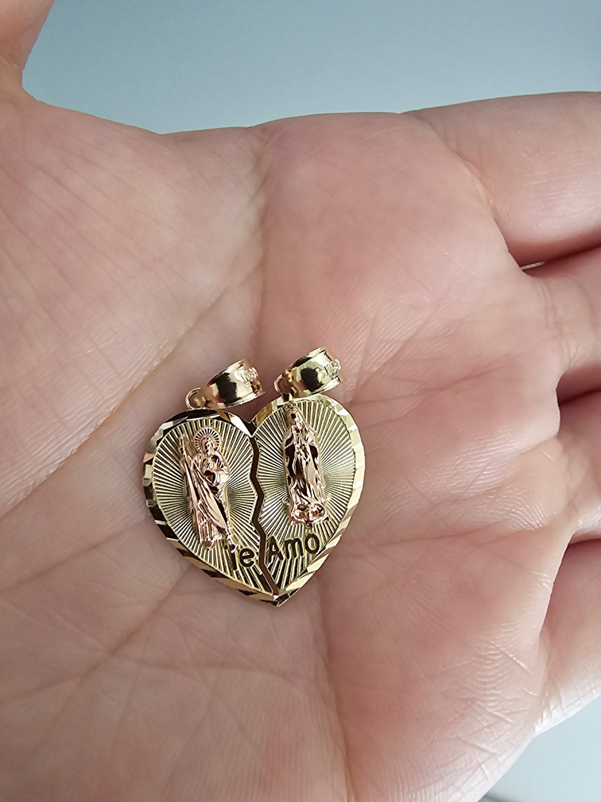 14k Solid Gold Virgin Mary and San Judas Tadeo Pendant